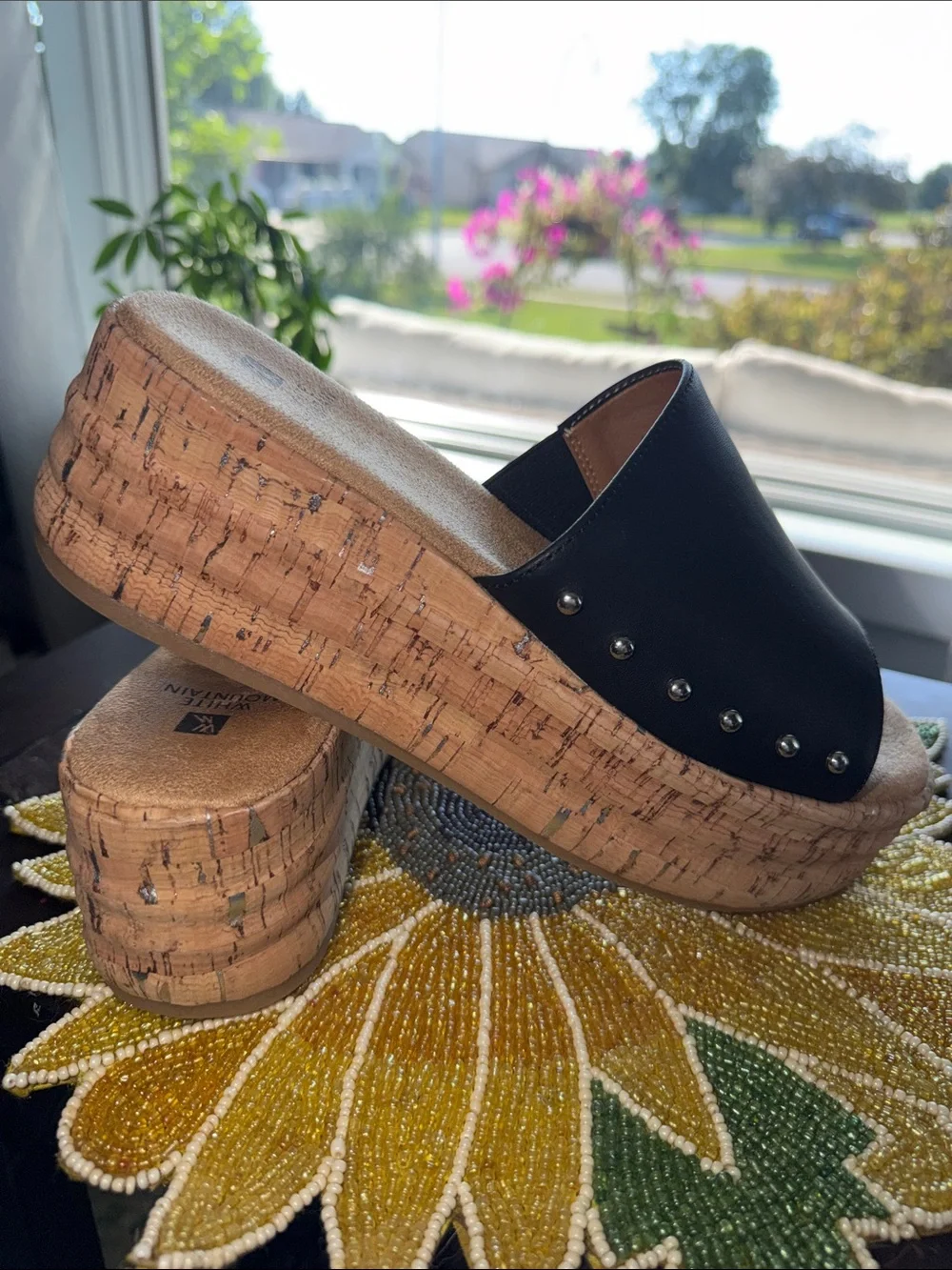 MIA Black Cork Platform Slide Sandals
